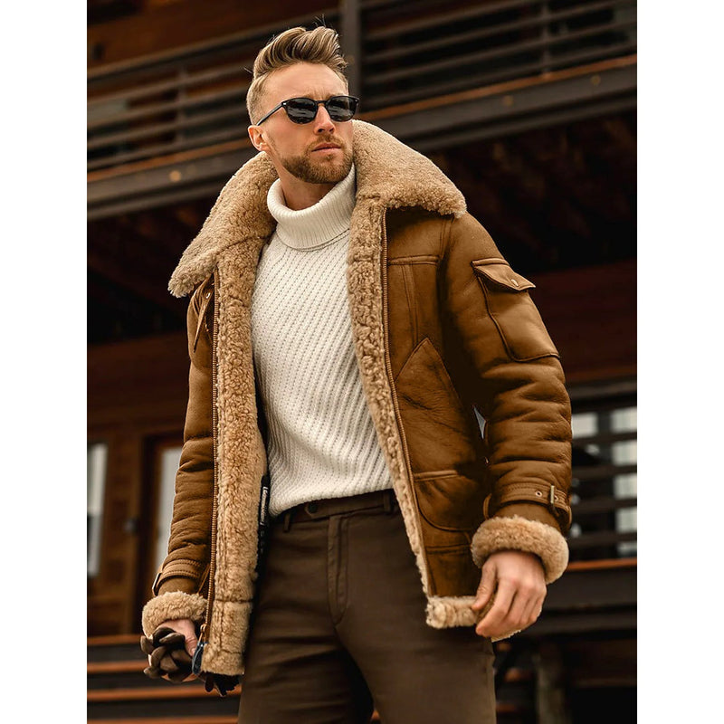 Men's Shearling Coat Winter Jacket Men's Outerwear Brown S - DailySale