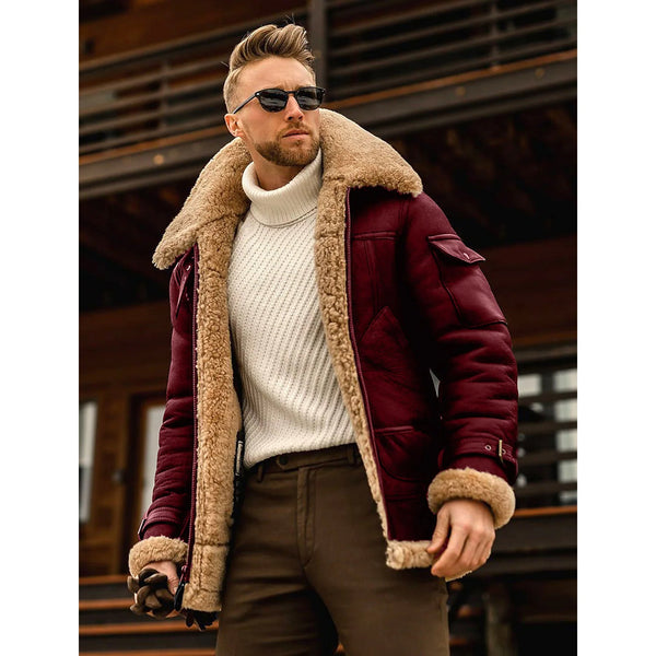 Men's Shearling Coat Winter Jacket Men's Outerwear Red S - DailySale