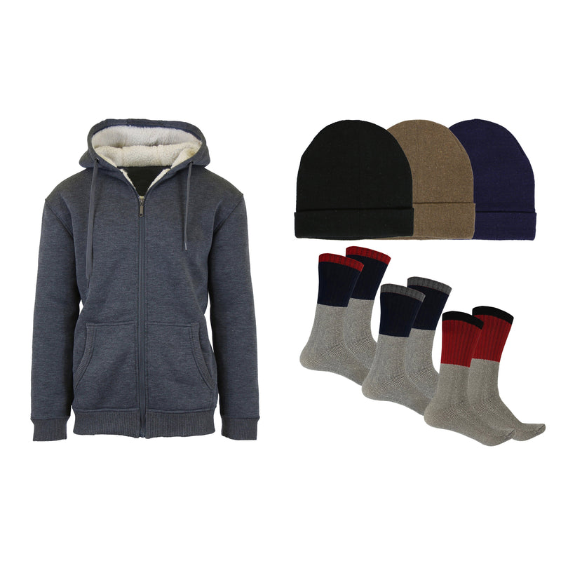 Men's Sherpa Hoodie, Fleece Lined Hat and Thermal Socks Gift Set Men's Clothing Charcoal S - DailySale