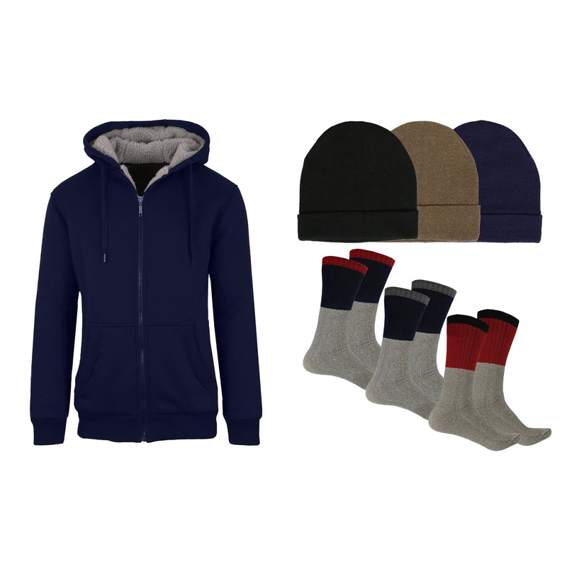 Men's Sherpa Hoodie, Fleece Lined Hat and Thermal Socks Gift Set Men's Clothing Navy S - DailySale