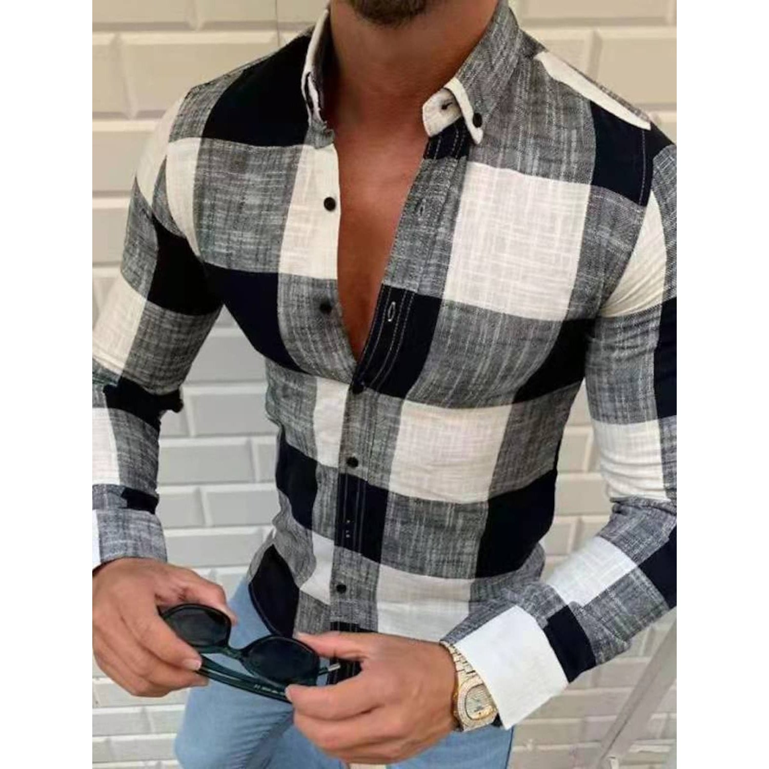 Men's Shirt Bishop Sleeve Collar Shirt Men's Tops Black S - DailySale