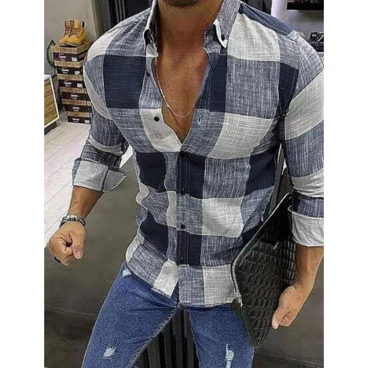 Men's Shirt Bishop Sleeve Collar Shirt Men's Tops Dark Blue S - DailySale