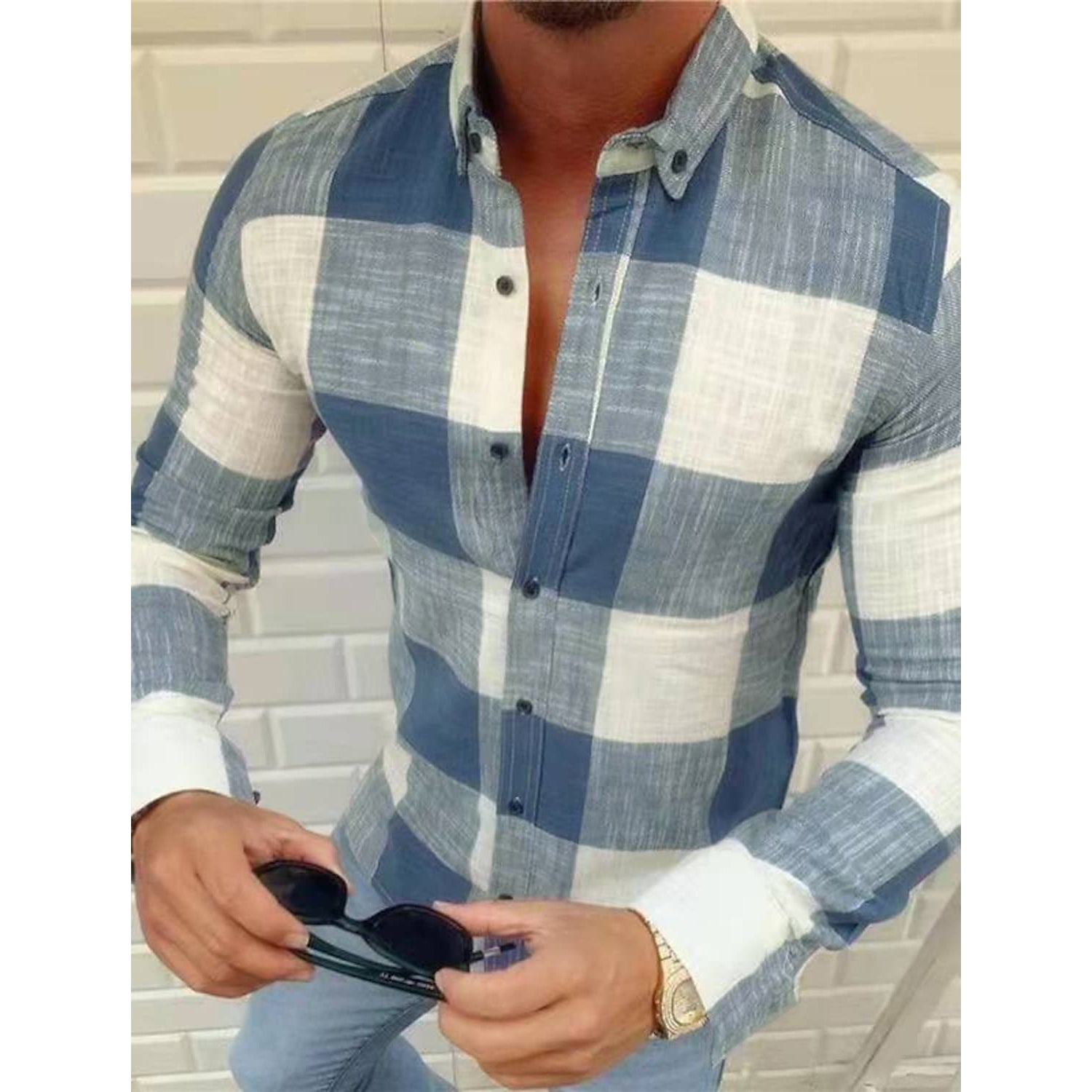 Men's Shirt Bishop Sleeve Collar Shirt Men's Tops Light Blue S - DailySale