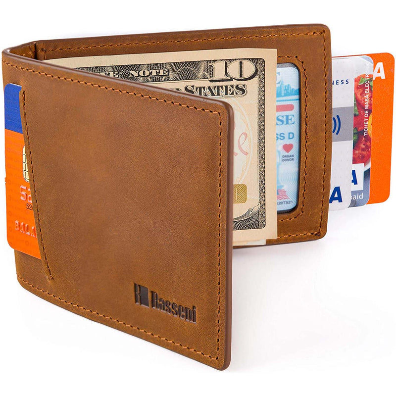 Men's Slim Leather Wallet with Money Clip Bifold Minimalist RFID Blocking Card Men's Accessories Brown - DailySale