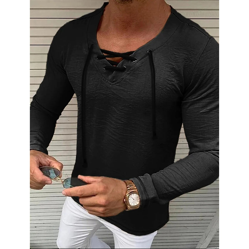 Men's Solid V Neck Long Sleeved Cotton Linen Shirt Men's Tops Black S - DailySale