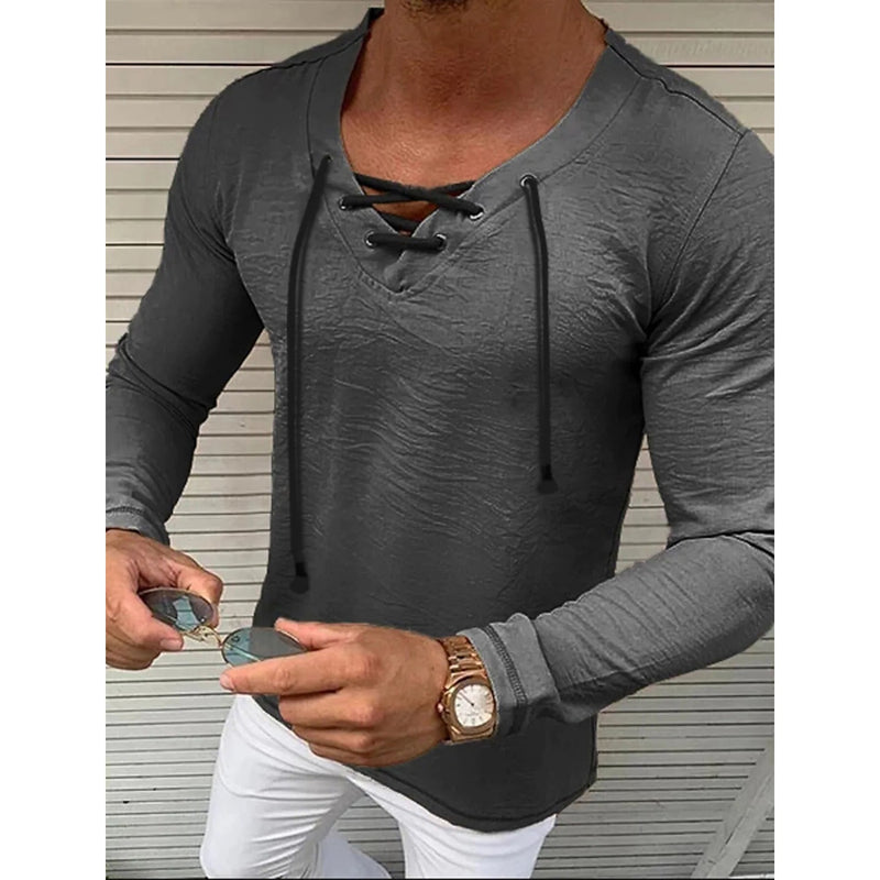 Men's Solid V Neck Long Sleeved Cotton Linen Shirt Men's Tops Gray S - DailySale