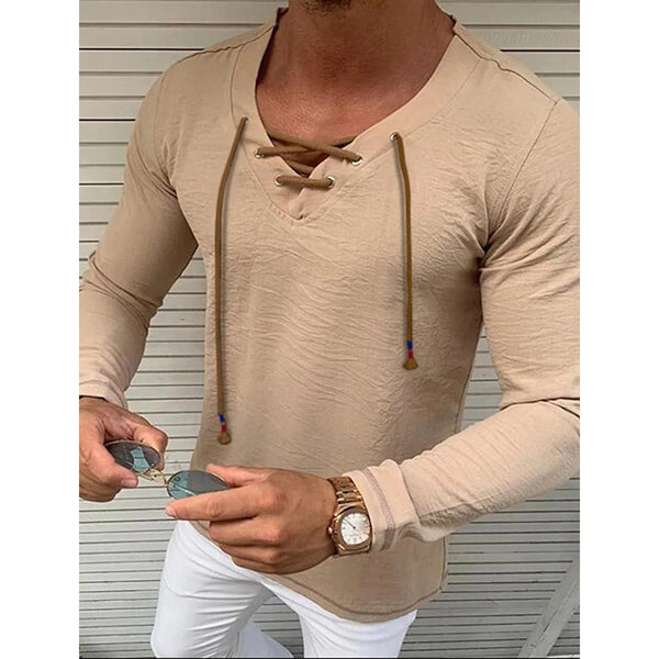 Men's Solid V Neck Long Sleeved Cotton Linen Shirt Men's Tops Khaki S - DailySale