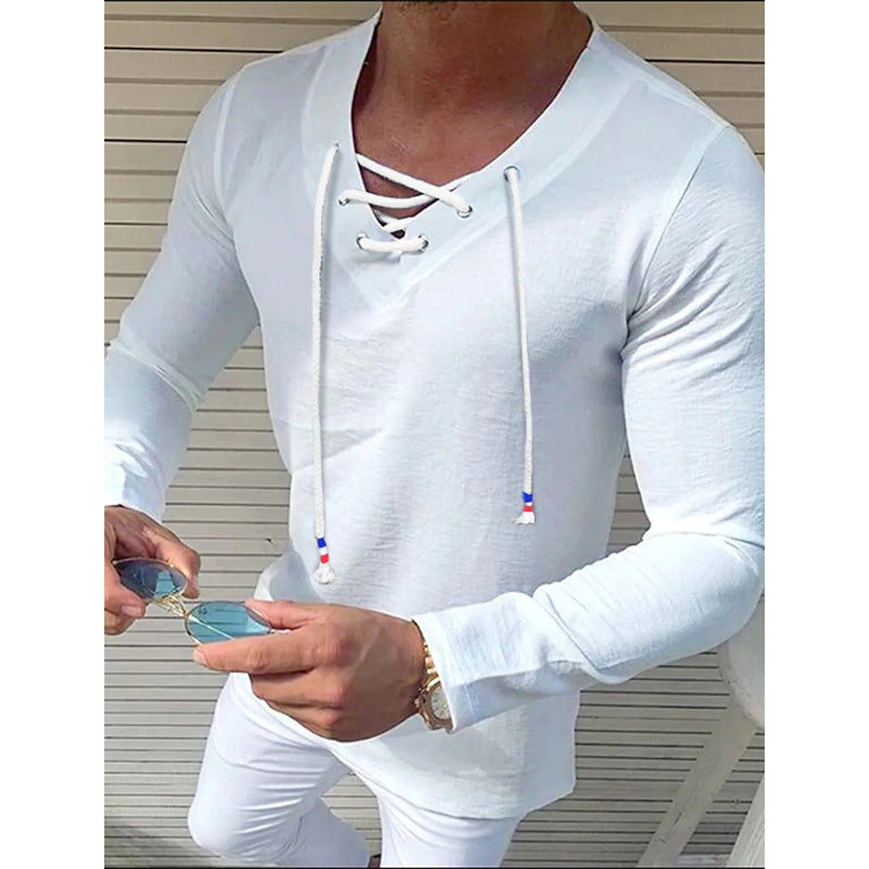 Men's Solid V Neck Long Sleeved Cotton Linen Shirt Men's Tops White S - DailySale