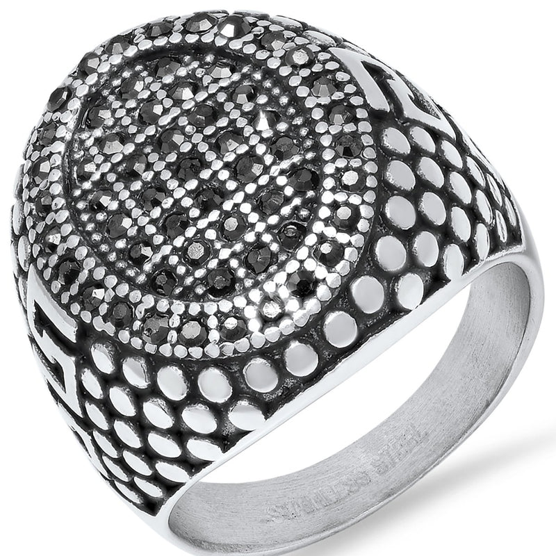 Men's Stainless Steel, Black IPand Gray CZ Pebble & Greek Key Accented Ring Rings 9 - DailySale