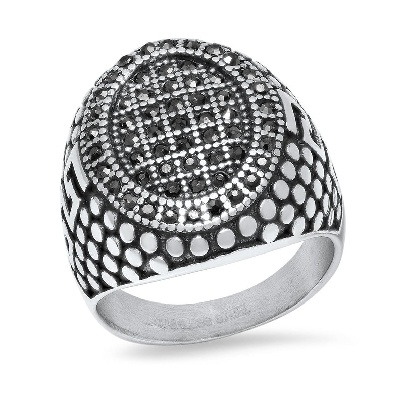 Men's Stainless Steel, Black IPand Gray CZ Pebble & Greek Key Accented Ring Rings - DailySale