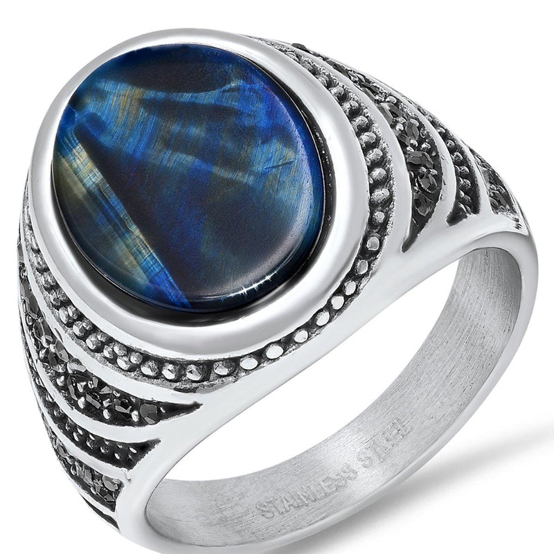 Men's Stainless Steel Blue Tiger Eye and Gray CZ Ring Rings 9 - DailySale