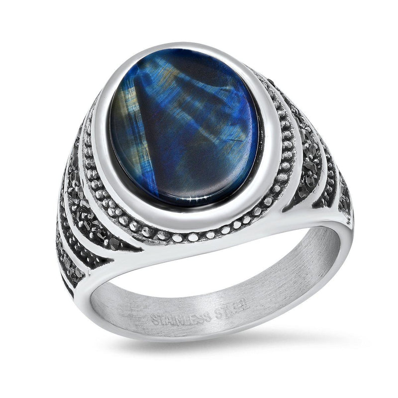 Men's Stainless Steel Blue Tiger Eye and Gray CZ Ring Rings - DailySale