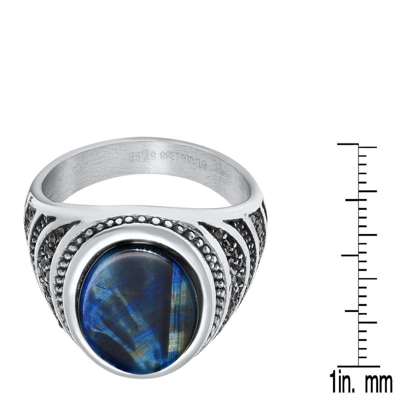 Men's Stainless Steel Blue Tiger Eye and Gray CZ Ring Rings - DailySale