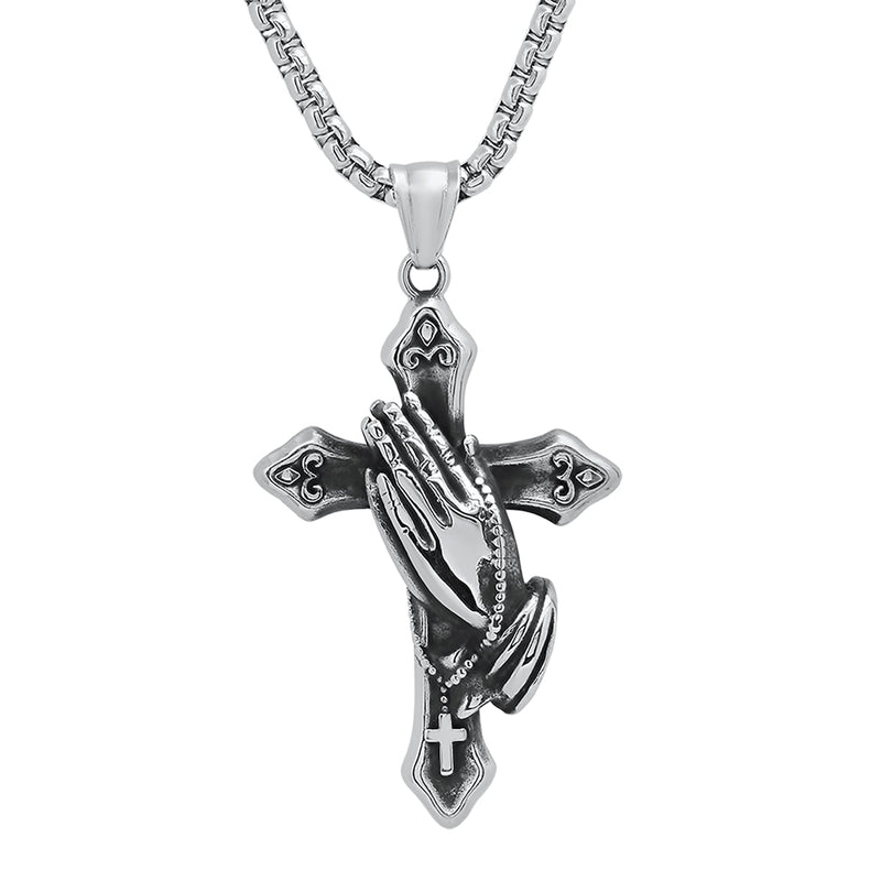 Men's Stainless Steel Oxidized Prayer Hand and Cross Pendant Necklaces - DailySale