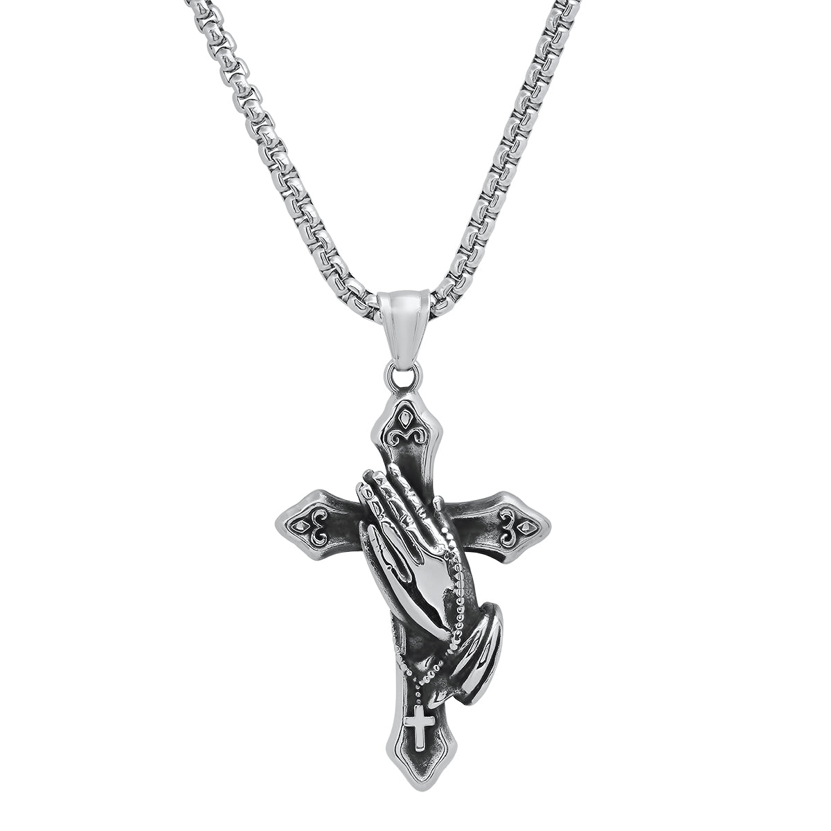 Men's Stainless Steel Oxidized Prayer Hand and Cross Pendant Necklaces - DailySale