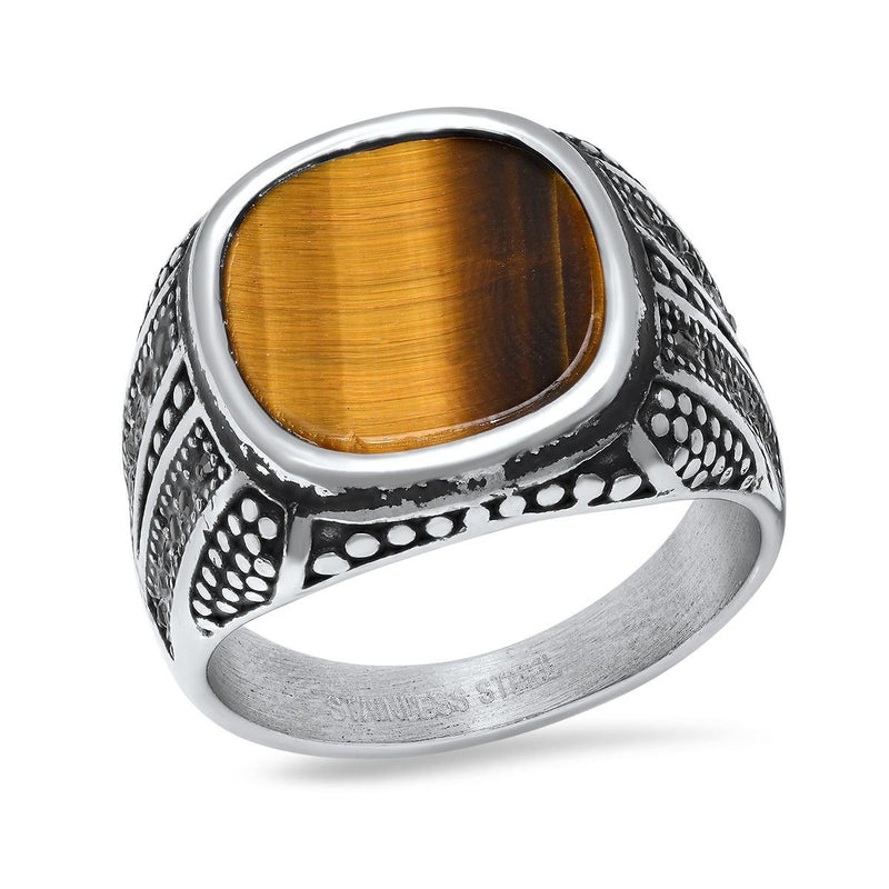 Men's Stainless Steel Tiger Eye and Gray CZ Ring Rings 9 - DailySale