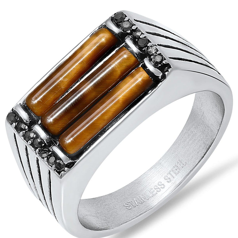 Men's Stainless Steel Tiger Eye And Gray CZ Square Ring