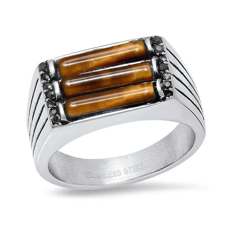 Men's Stainless Steel Tiger Eye And Gray CZ Square Ring