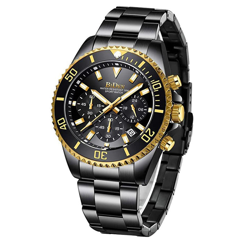 Men's Stainless Steel Watches Chronograph Men's Shoes & Accessories Black/Gold - DailySale