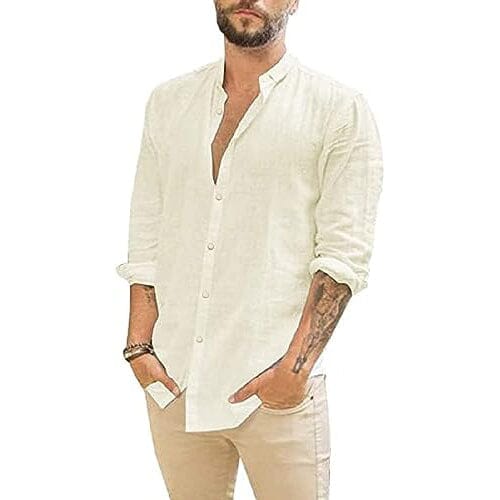 Mens Summer Casual Long Sleeve Cotton Linen T-Shirt Men's Tops Beige S - DailySale