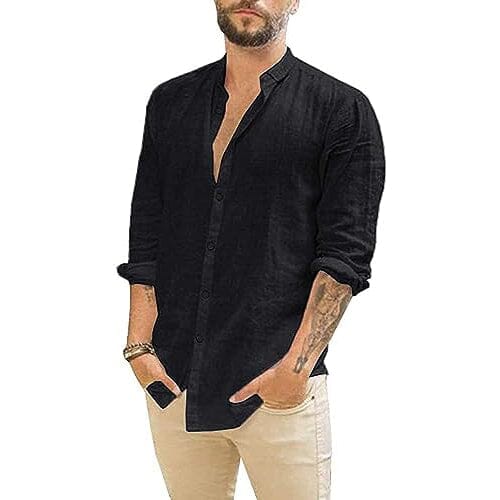 Mens Summer Casual Long Sleeve Cotton Linen T-Shirt Men's Tops Black S - DailySale