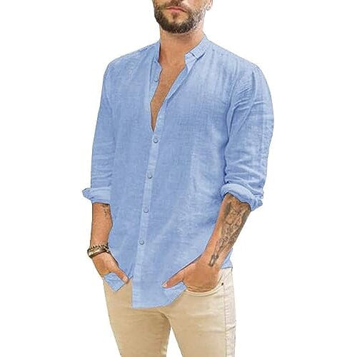 Mens Summer Casual Long Sleeve Cotton Linen T-Shirt Men's Tops Blue S - DailySale
