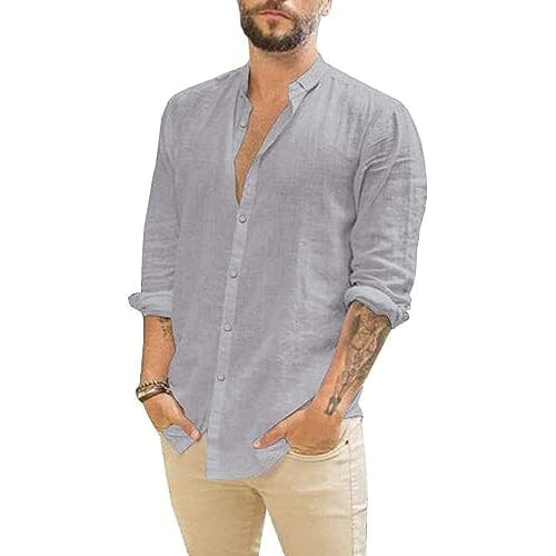 Mens Summer Casual Long Sleeve Cotton Linen T-Shirt Men's Tops Gray S - DailySale