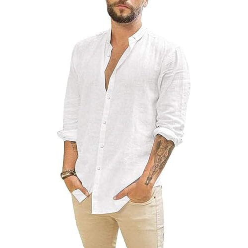 Mens Summer Casual Long Sleeve Cotton Linen T-Shirt Men's Tops White S - DailySale