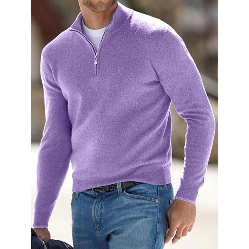Men's Sweater Jumper Pullover Ribbed Knit Cropped Zipper Knitted Solid Color Men's Tops Purple S - DailySale
