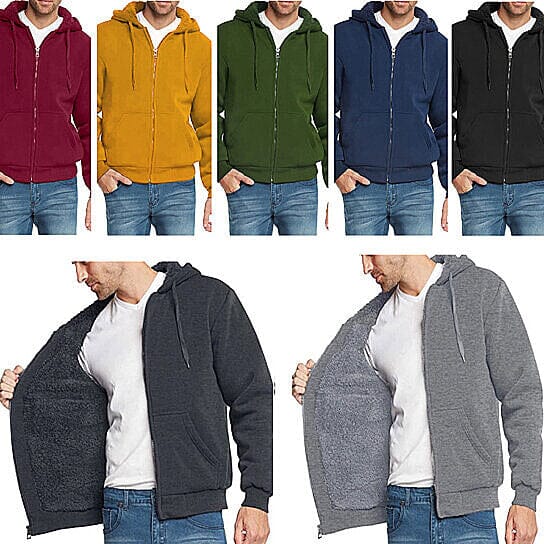 Two men holding their Thick Sherpa Lined Fleece Hoodies open with one hand, with a sample of assorted colors above