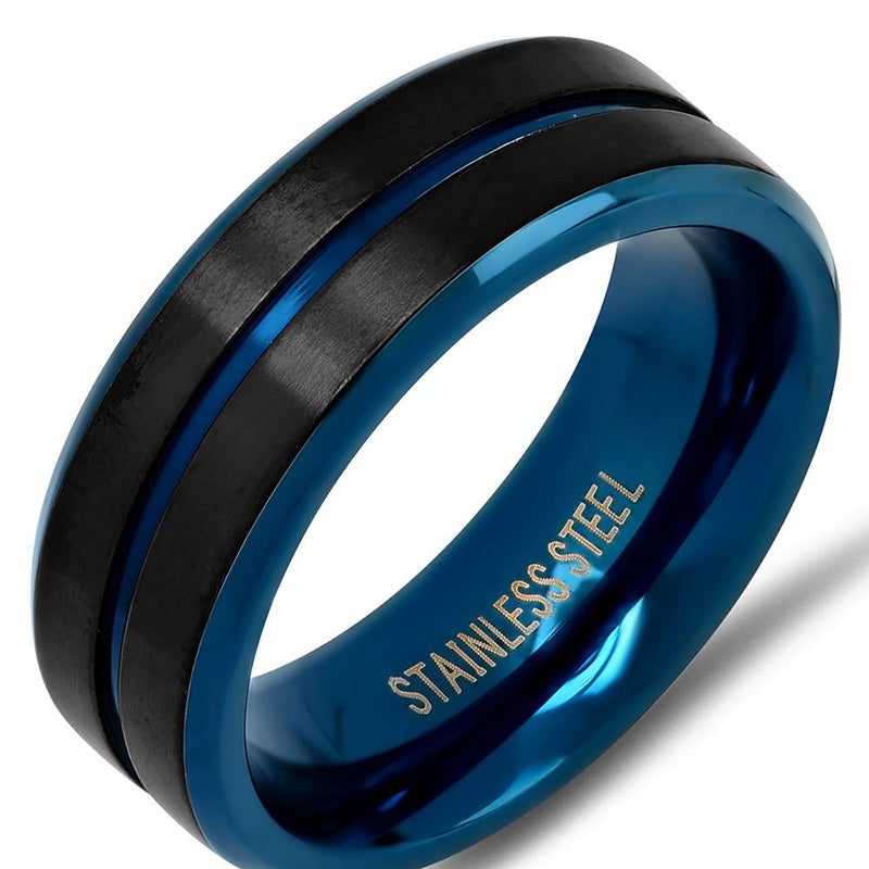 Men's Two Tone Black and Blue IP Stainless Steel Band Ring Rings - DailySale