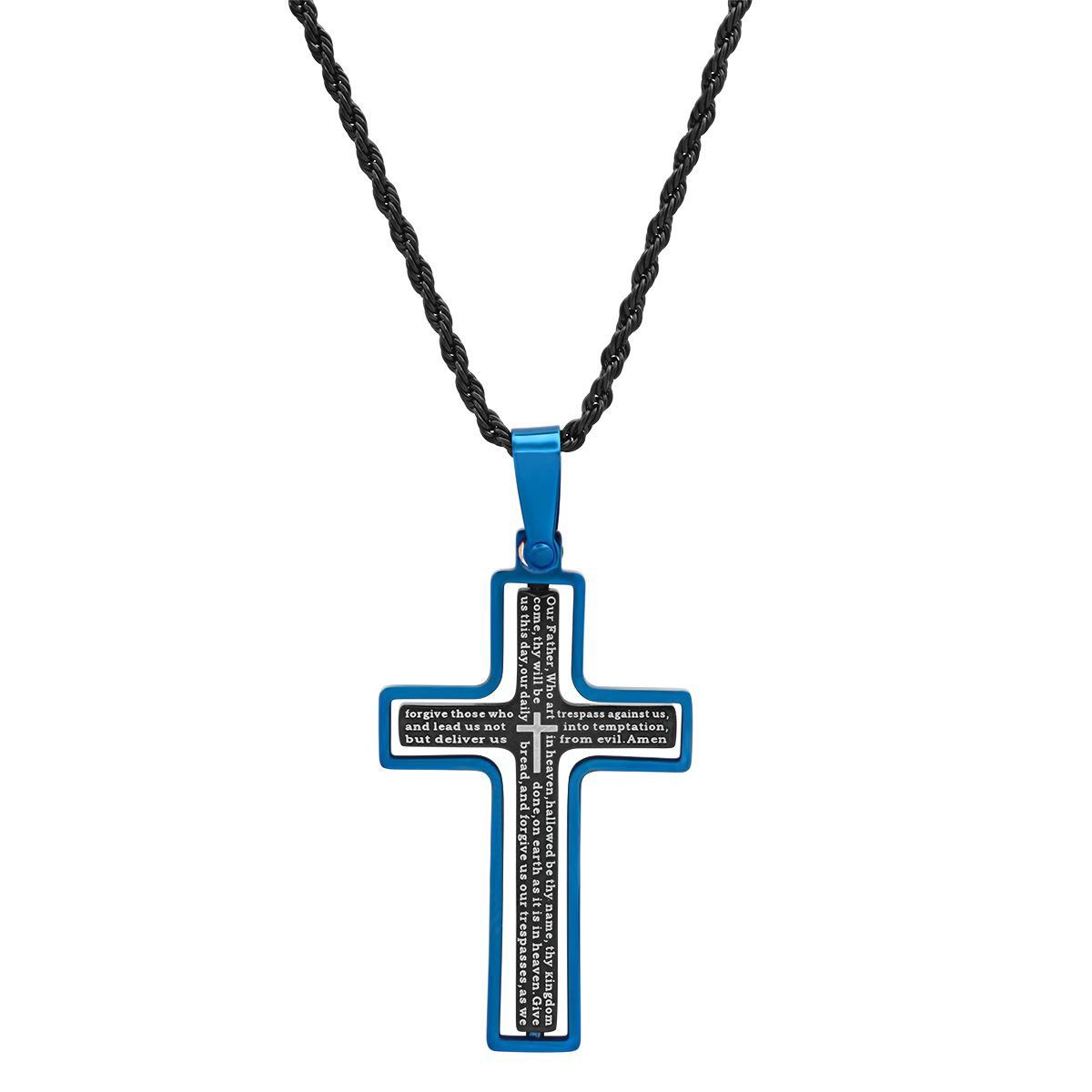 Men's Two Tone Black and Blue IP Stainless Steel Our Father English Cross Pendant Men's Accessories - DailySale