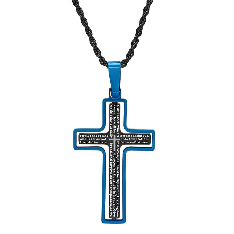 Men's Two Tone Black and Blue IP Stainless Steel Our Father English Cross Pendant Men's Accessories - DailySale