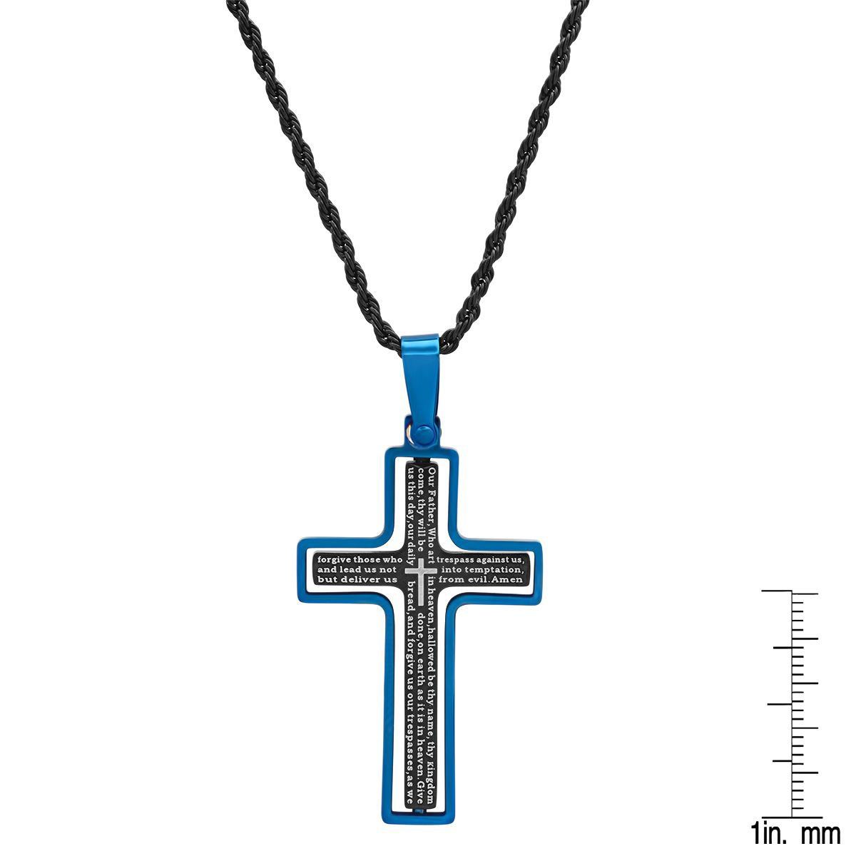 Men's Two Tone Black and Blue IP Stainless Steel Our Father English Cross Pendant Men's Accessories - DailySale