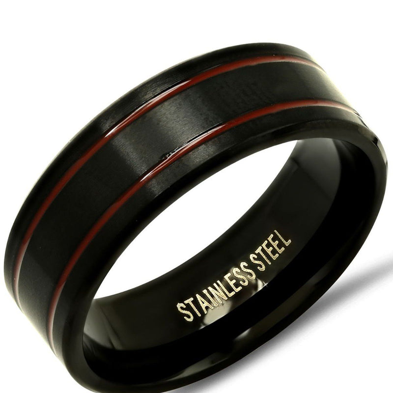 Men's Two-Tone Black and Red IP Stainless Steel Ring Rings - DailySale