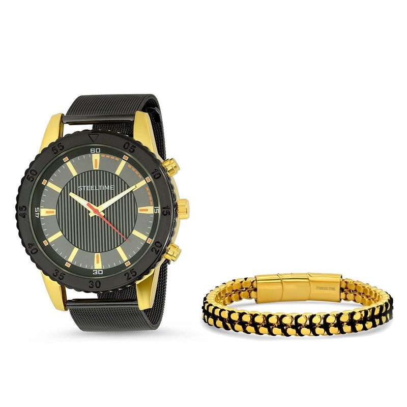 Men's Two Tone Black IP and 18k Gold Watch with 18k Gold Box Chain Bracelet Men's Accessories - DailySale