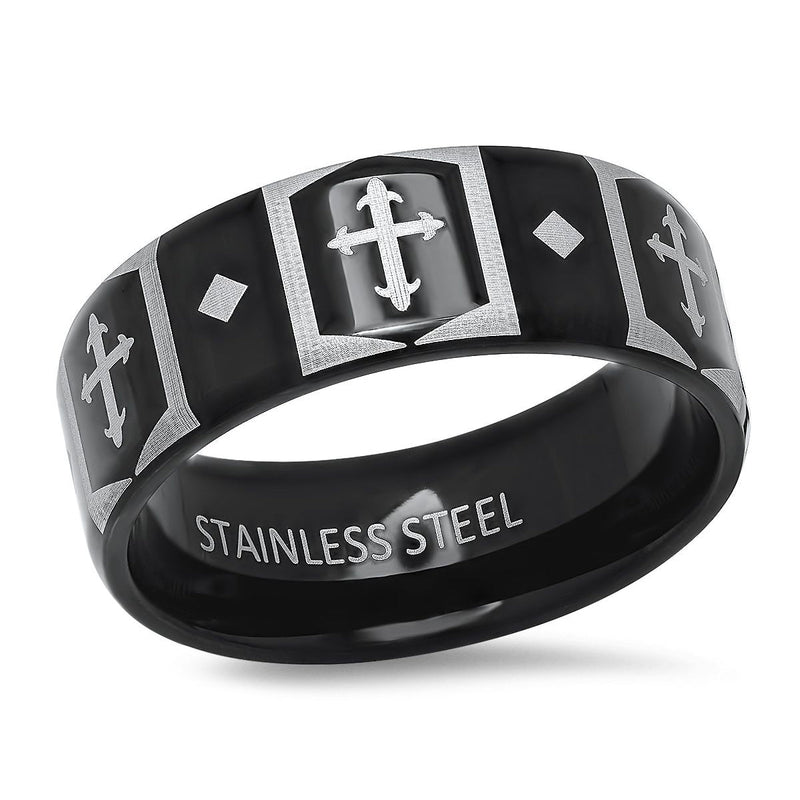Men's Two Tone Black IP and Stainless Steel Band Ring with Cross Accents Rings 9 - DailySale