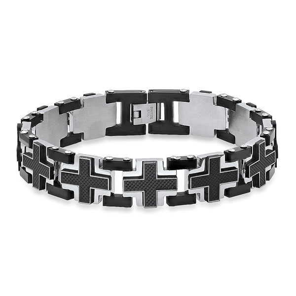 Men's Two Tone Black IP Stainless Steel and Black Carbon Fiber Cross Links Bracelet Bracelets - DailySale