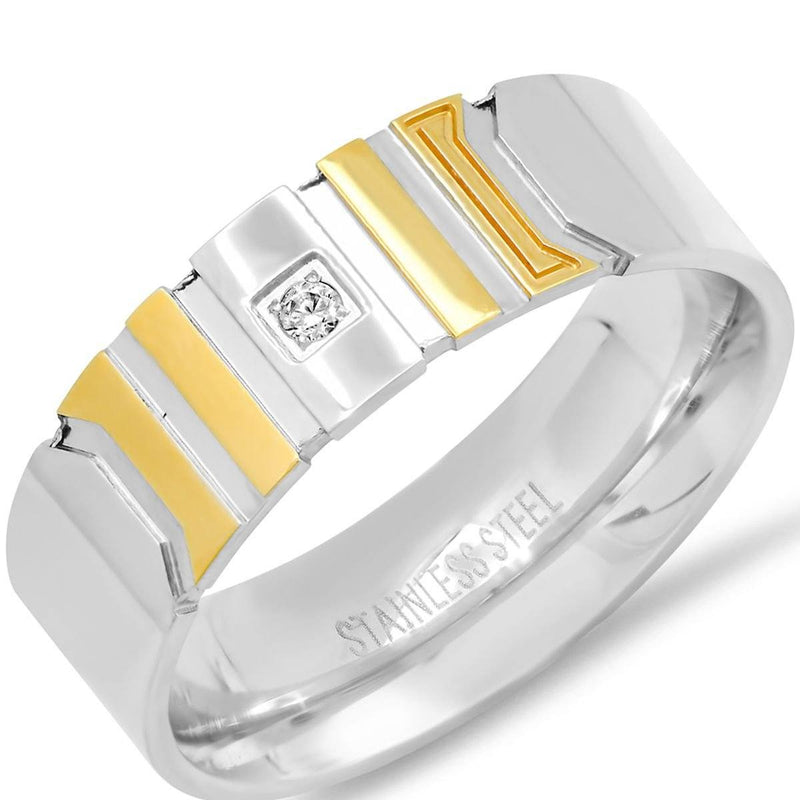 Men's Two-Tone Stainless Steel and 18K Gold Plated Ring with Simulated Center Diamond Rings 9 - DailySale