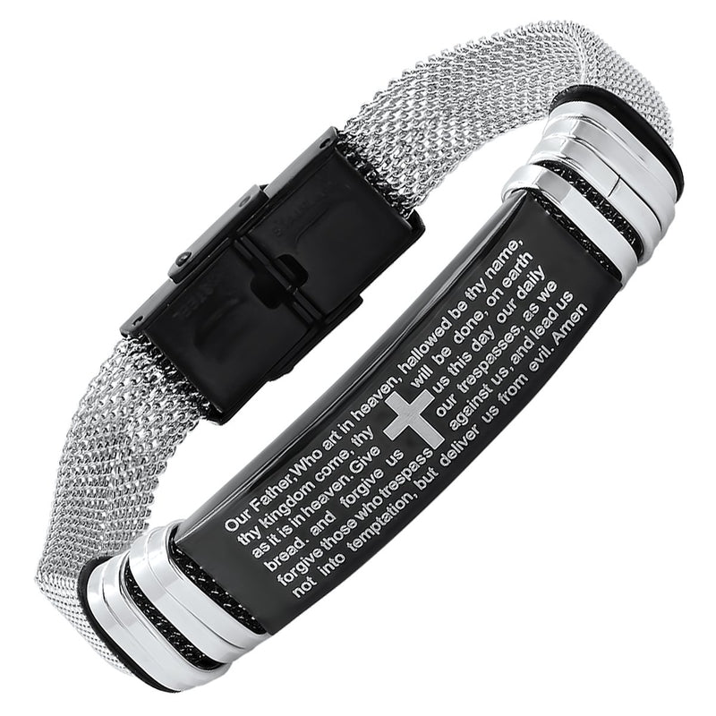 Men's Two Tone Stainless Steel and Black IP Our Father Prayer Mesh Bracelet Men's Accessories - DailySale