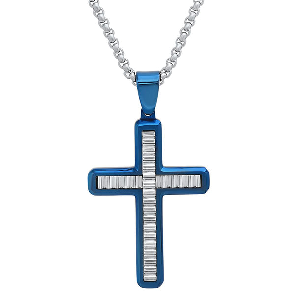 Men's Two Tone Stainless Steel and Blue IP Cross with Waives Inlay Pendant Necklaces - DailySale