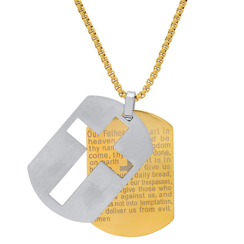 Men's Two Tone Stainless Steel Lords Prayer Double Dog Tag Pendant Necklaces Gold - DailySale