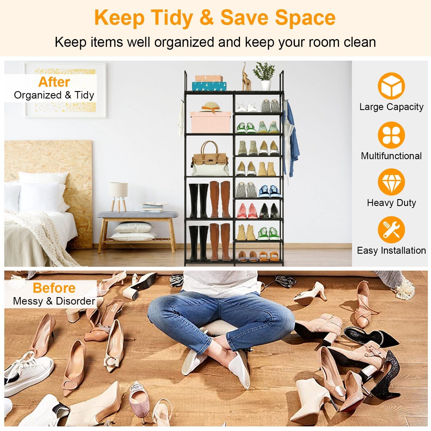 Metal Shoe Storage Shelf Free Standing Shoe Stand with 2 Row Hooks Closet & Storage - DailySale