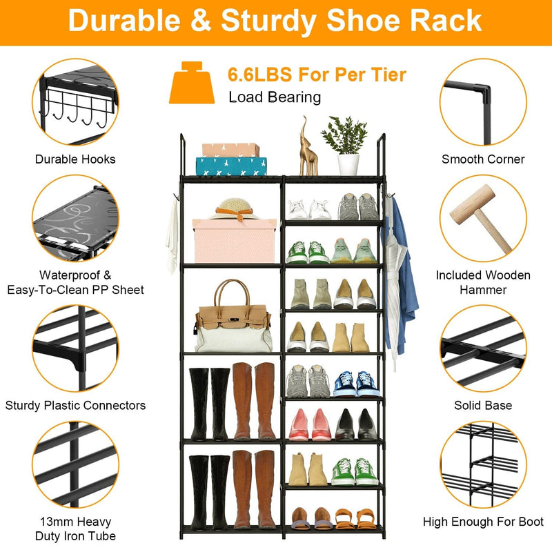 Metal Shoe Storage Shelf Free Standing Shoe Stand with 2 Row Hooks Closet & Storage - DailySale