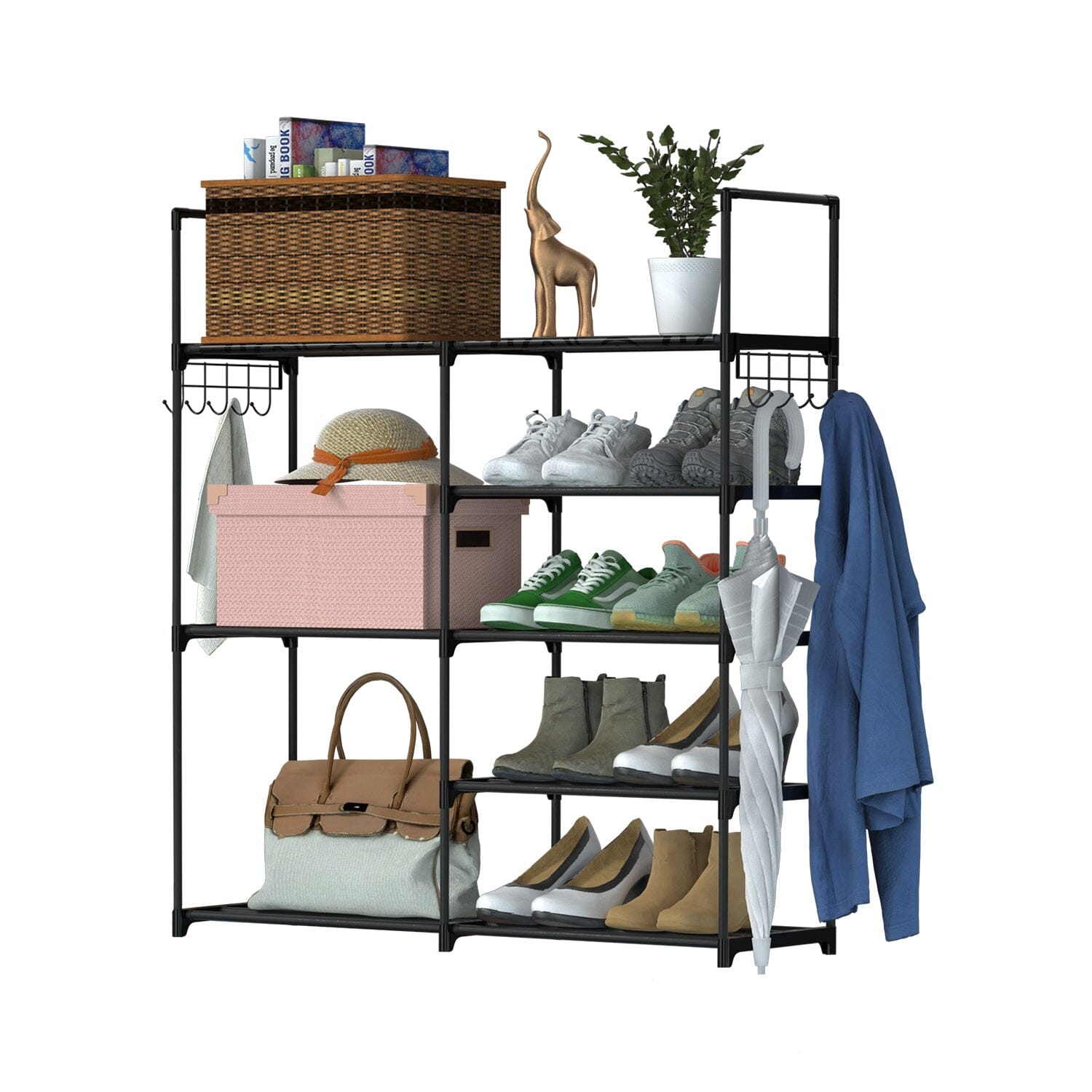 Metal Shoe Storage Shelf Free Standing Shoe Stand with 2 Row Hooks Closet & Storage - DailySale