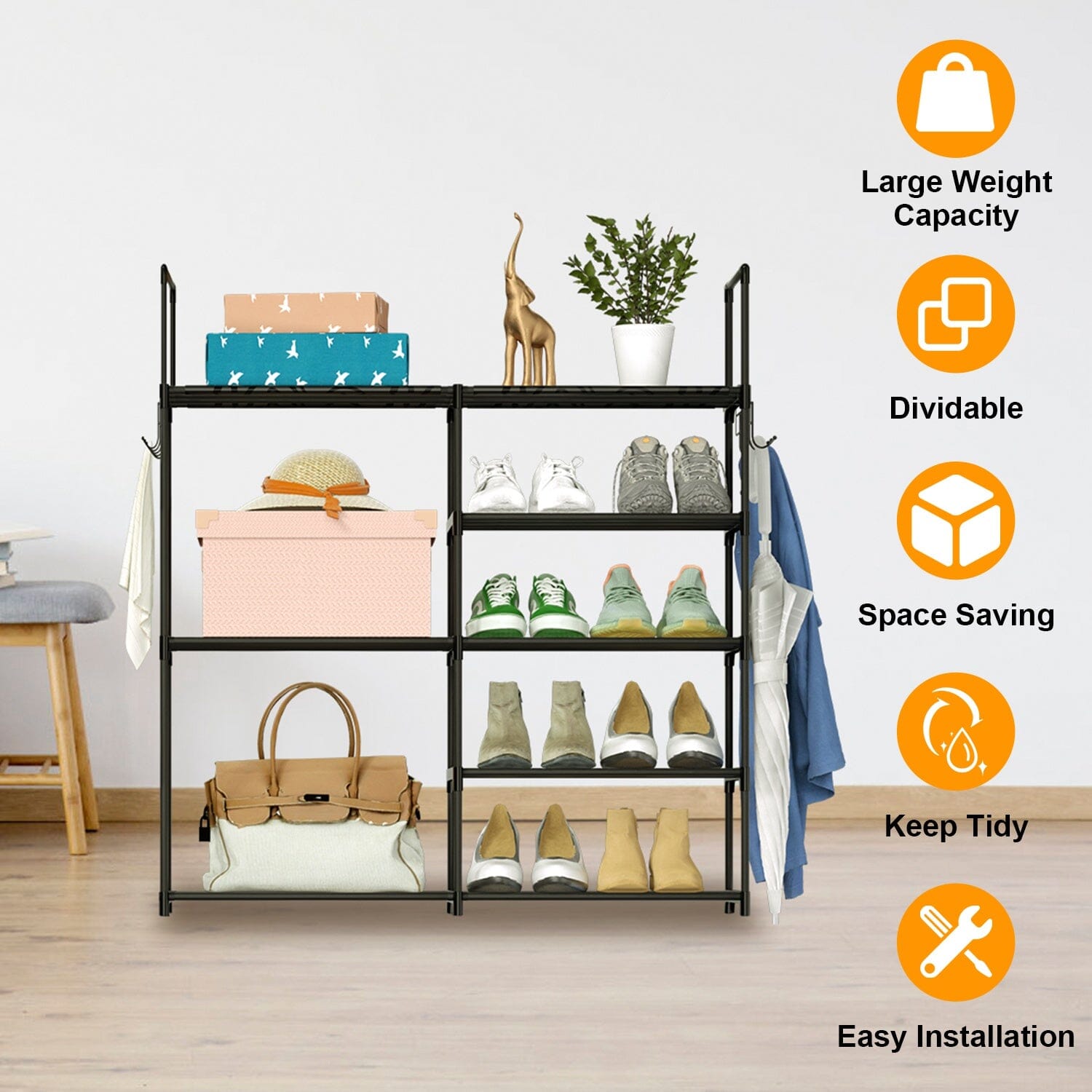 Metal Shoe Storage Shelf Free Standing Shoe Stand with 2 Row Hooks Closet & Storage - DailySale