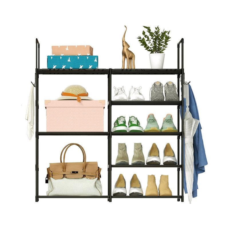 Metal Shoe Storage Shelf Free Standing Shoe Stand with 2 Row Hooks Closet & Storage - DailySale