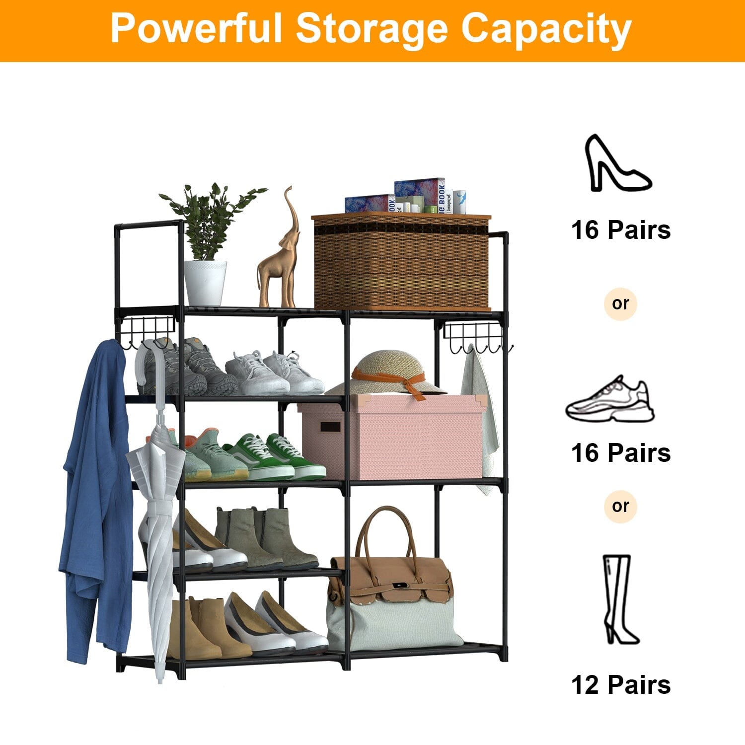 Metal Shoe Storage Shelf Free Standing Shoe Stand with 2 Row Hooks Closet & Storage - DailySale