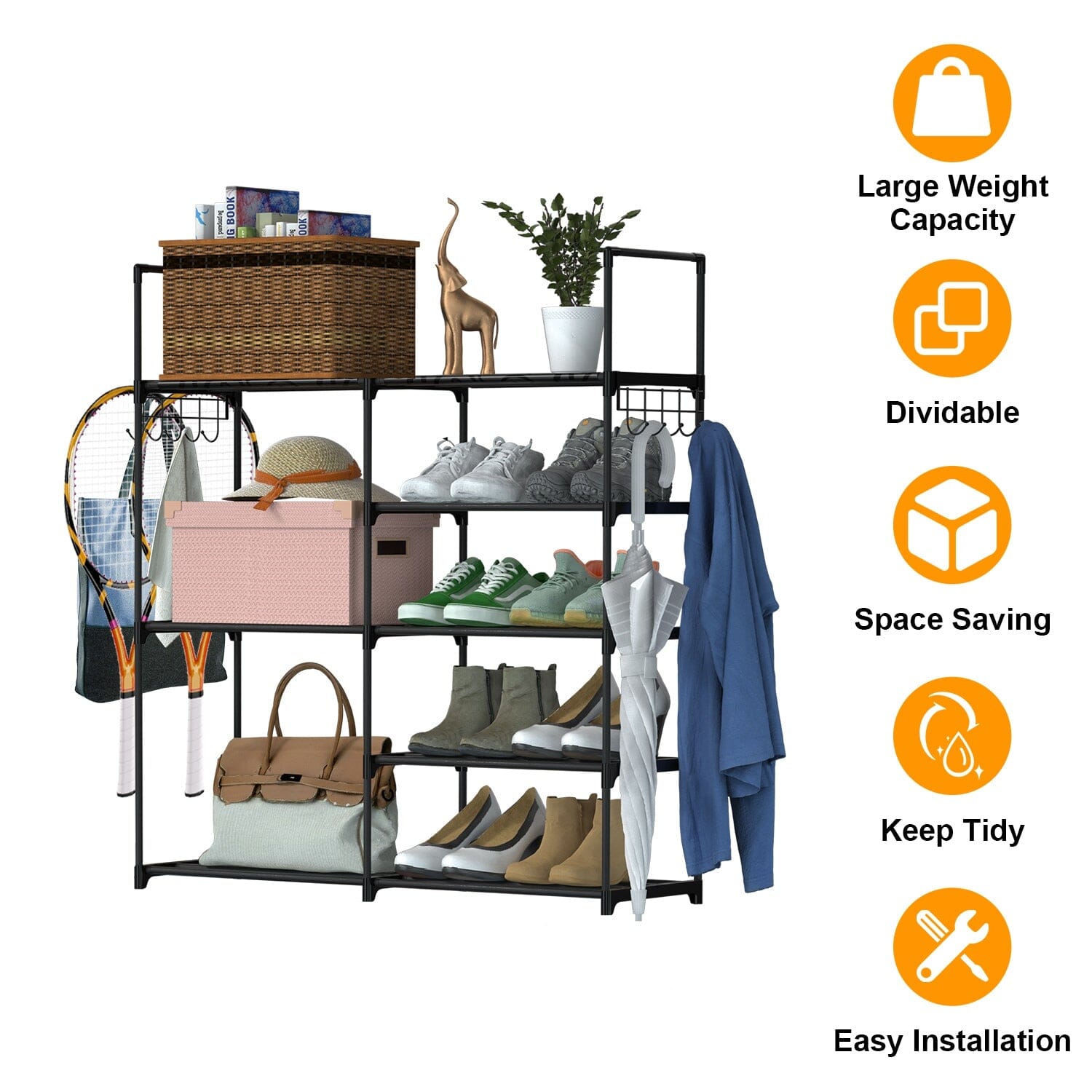 Metal Shoe Storage Shelf Free Standing Shoe Stand with 2 Row Hooks Closet & Storage - DailySale