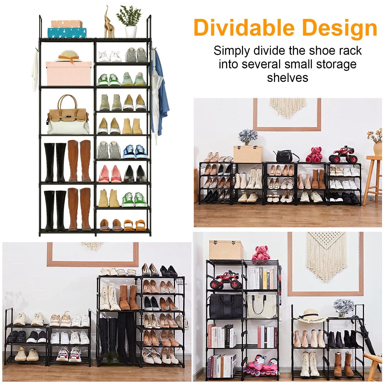 Metal Shoe Storage Shelf Free Standing Shoe Stand with 2 Row Hooks Closet & Storage - DailySale